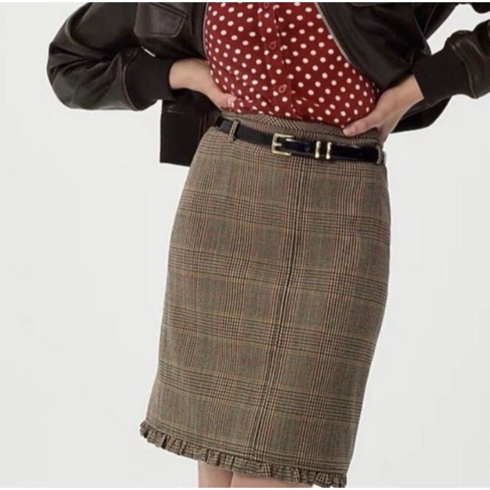 NWT J. Crew Classic Ruffle Trim Glen Plaid 100% Wool Midi Skirt Chic Size 8 NEW - Picture 16 of 16